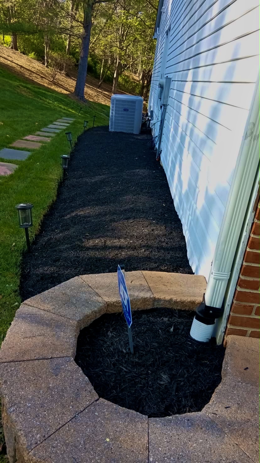 Mulched side yard alongside a stone walkway